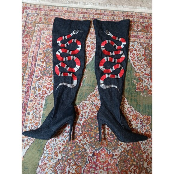 Cape Robbin Shoes - Cape Robbin Thigh High denim snake boots spike heels size 9